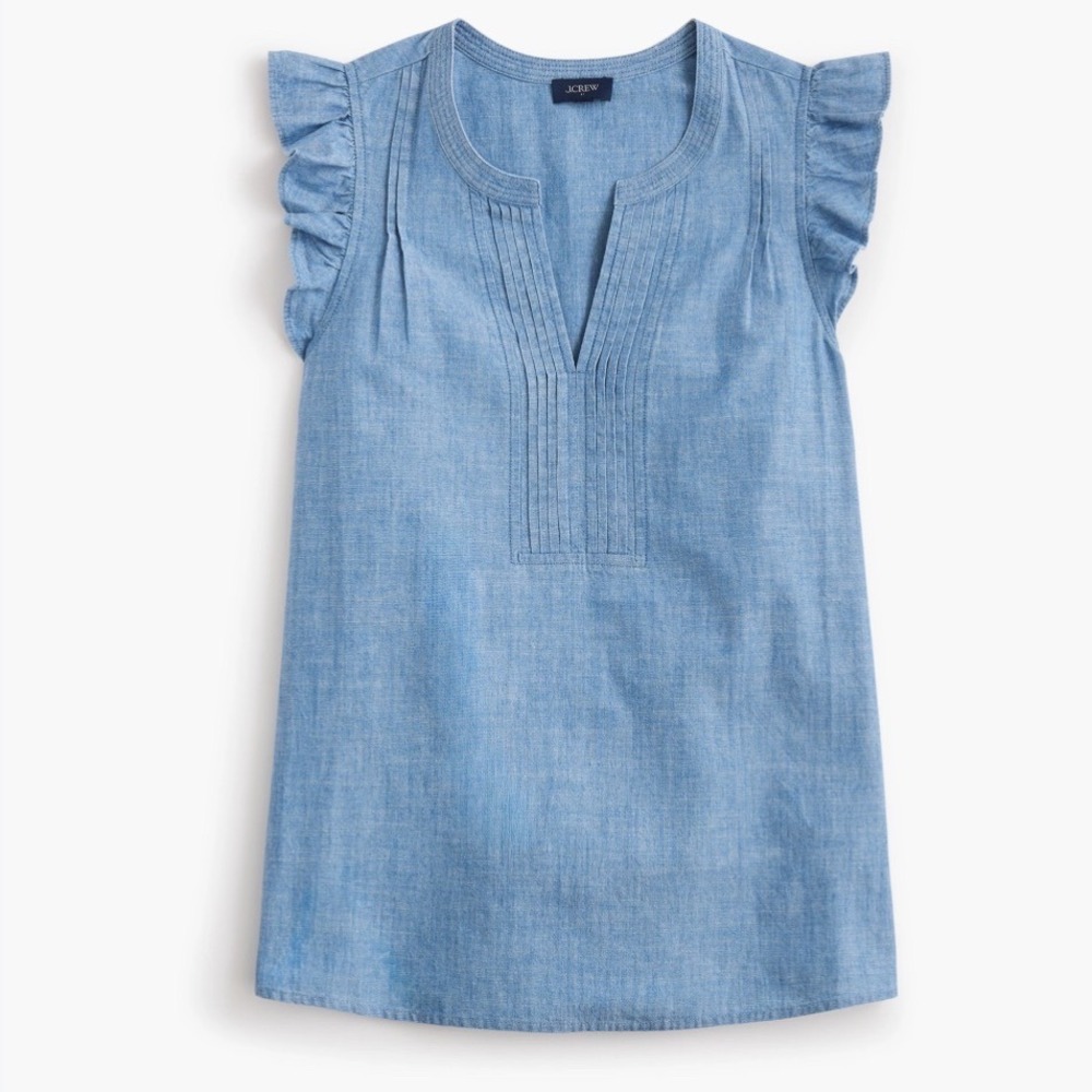 J.Crew Womens Ruffle Chambray Sleeveless Top Blue Pintuck Blouse CT016 Size M